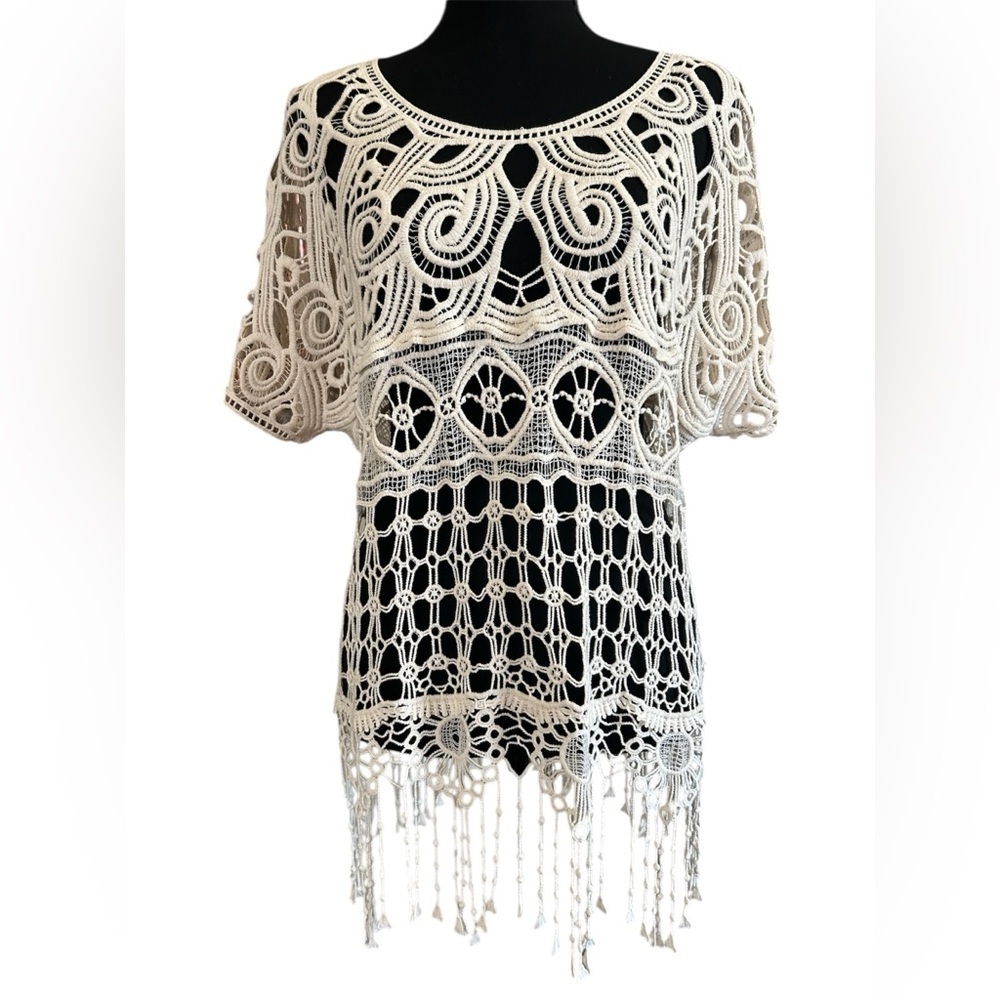 Rafaella Cream Crochet Lace Fringe Tunic Top Boho Beach Cover Up Open Knit M
